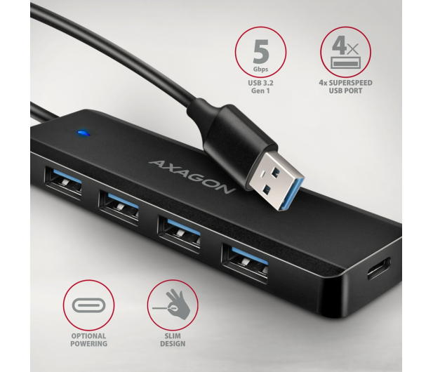 AXAGON HUE-C1A, 4x USB 5Gbps TRAVEL hub, USB-C, USB-A - 1353426 - zdjęcie 2